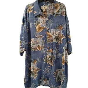 Island Shore Shirt XXL Mens Blue Button Paradise Hawaiian Vacation Palm Tree EUC